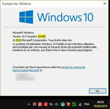 &agrave; propos version windows10 build 10240 2015
